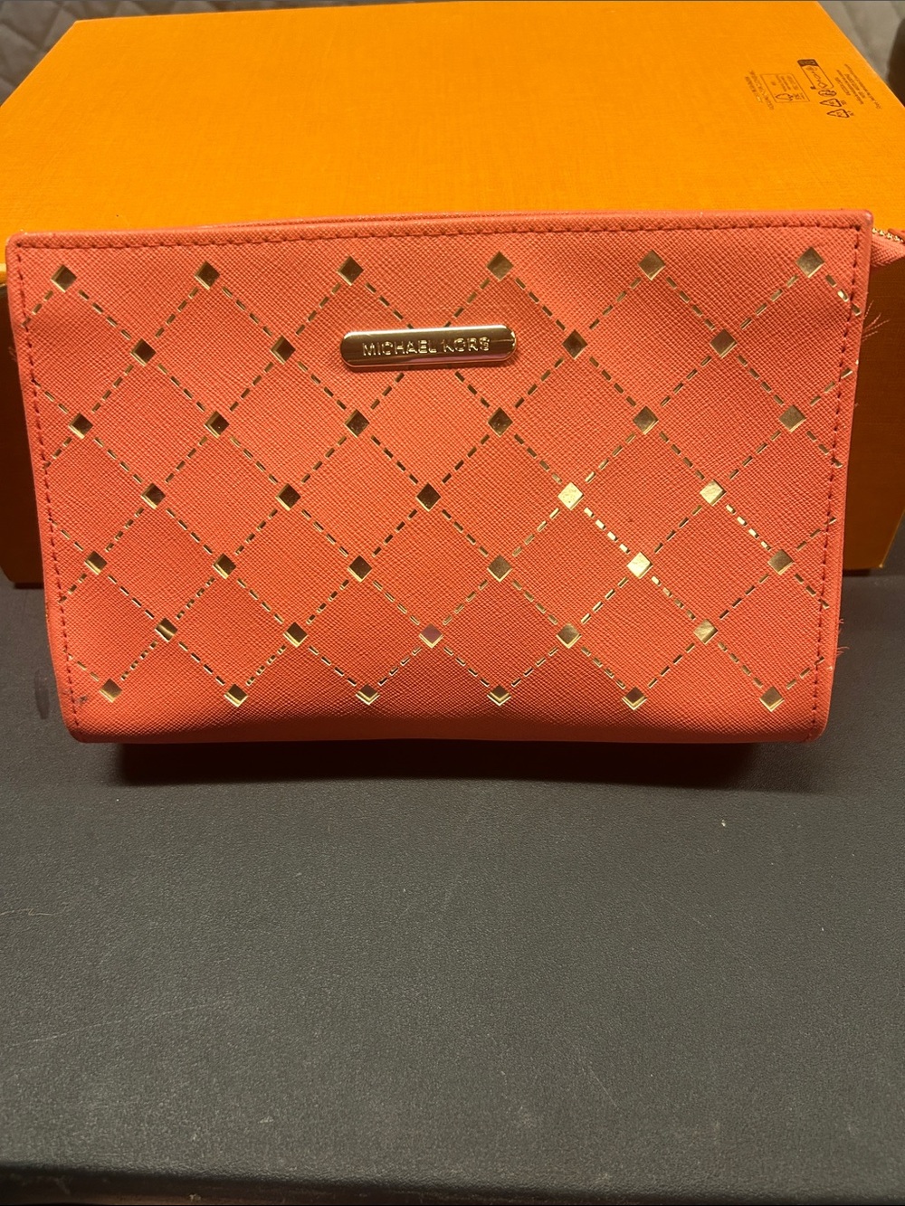 Michael Kors Coral Quilted Zip-Around Wallet with Gold Accents